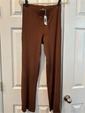 Enza Costa Ribbed Straight-Leg Pants in Brown